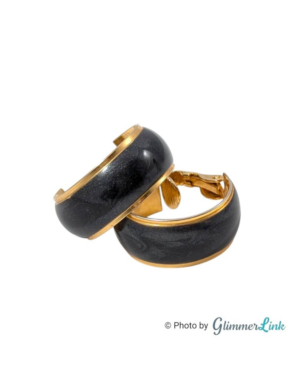 Vintage Black Marbled Enamel Gold Tone Clip On Hoop Earrings